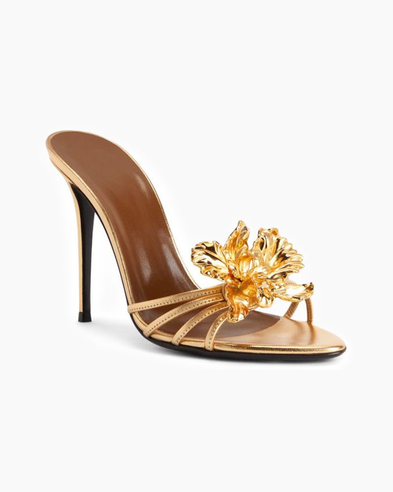 Gold Floral Strappy High Heel Pumps