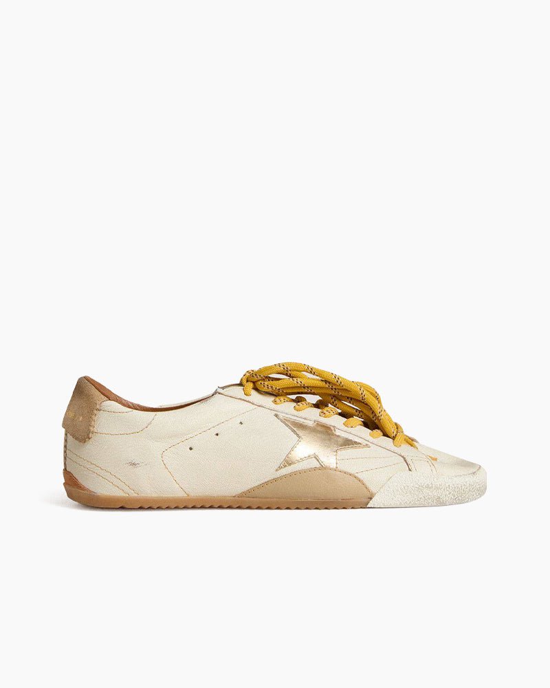 Men's White Nappa Leather Sneakers with Gold Star and Beige Heel Tab