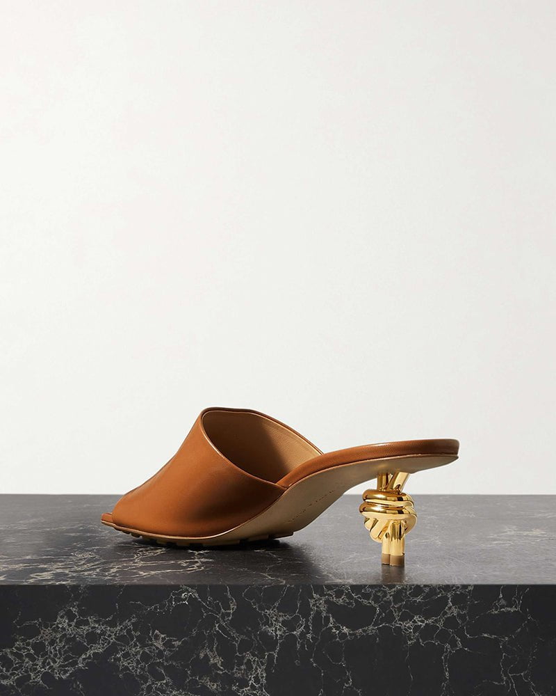Gold Knot Heel Mules Leather Kitten Heel Pumps