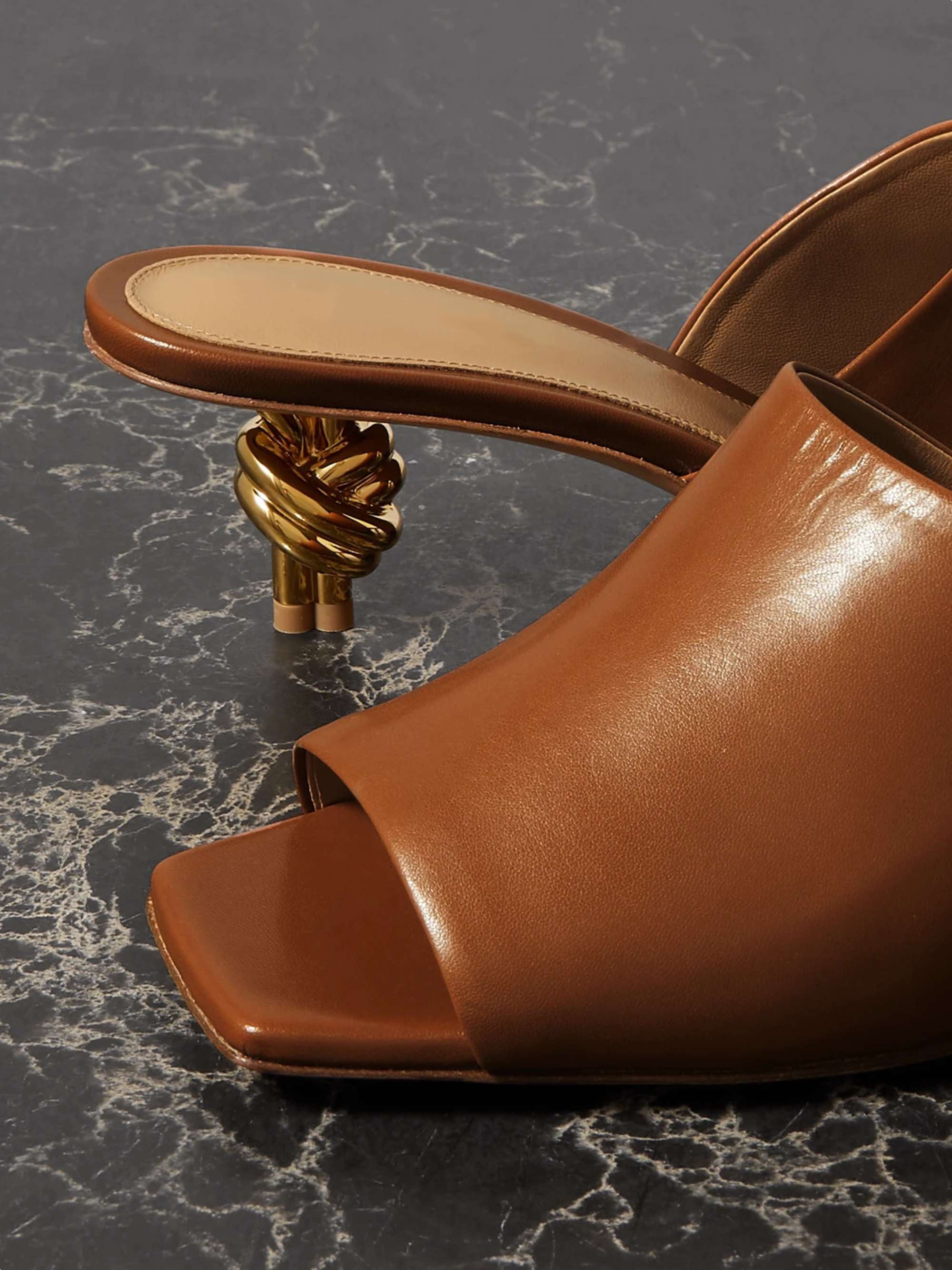 Gold Knot Heel Mules Leather Kitten Heel Pumps