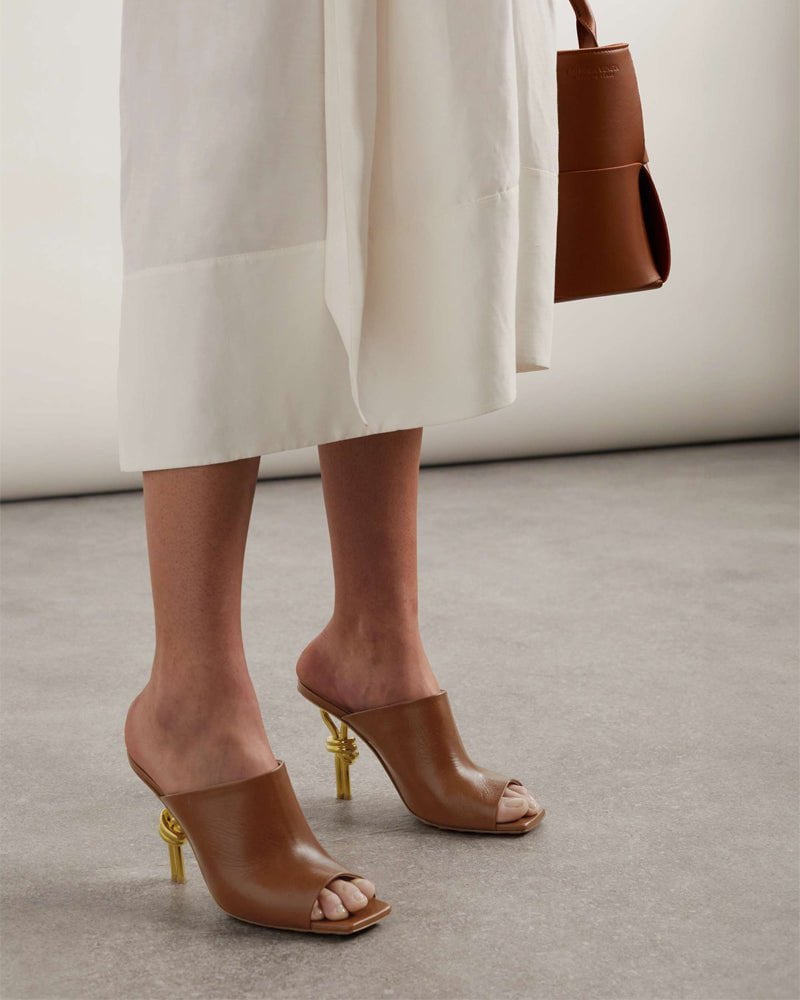 Gold Knot Heel Mules Leather High Heel Pumps