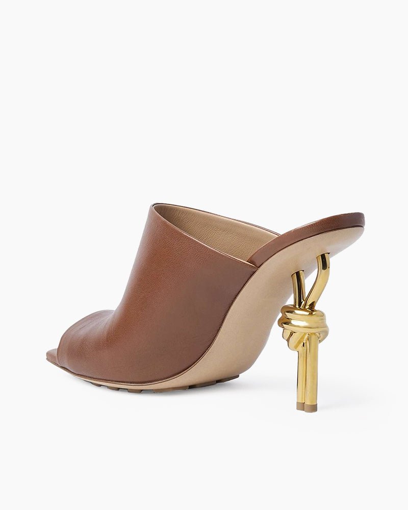 Gold Knot Heel Mules Leather High Heel Pumps