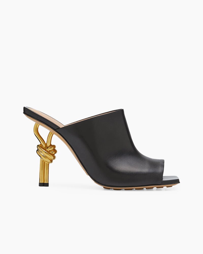 Gold Knot Heel Mules Leather High Heel Pumps