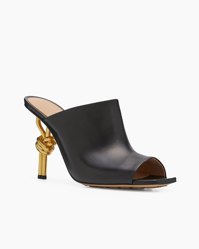 Gold Knot Heel Mules Leather High Heel Pumps