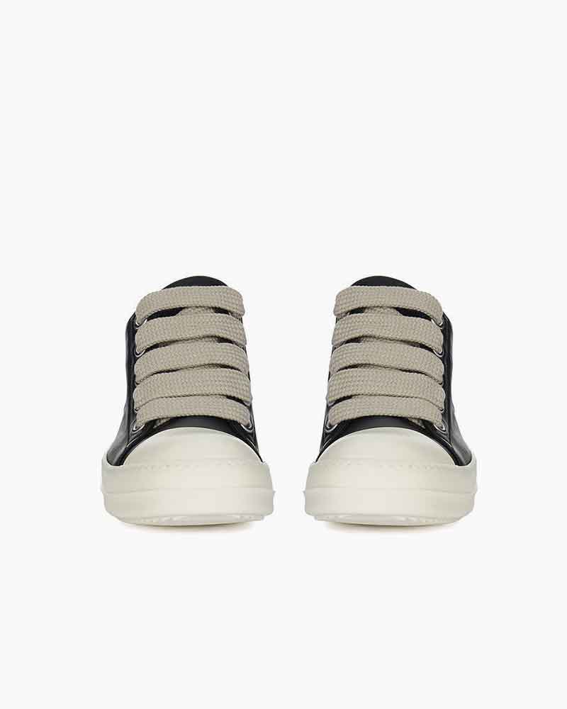 Black Leather Low Top Sneaker for Urban Streetwear Oversized Laces