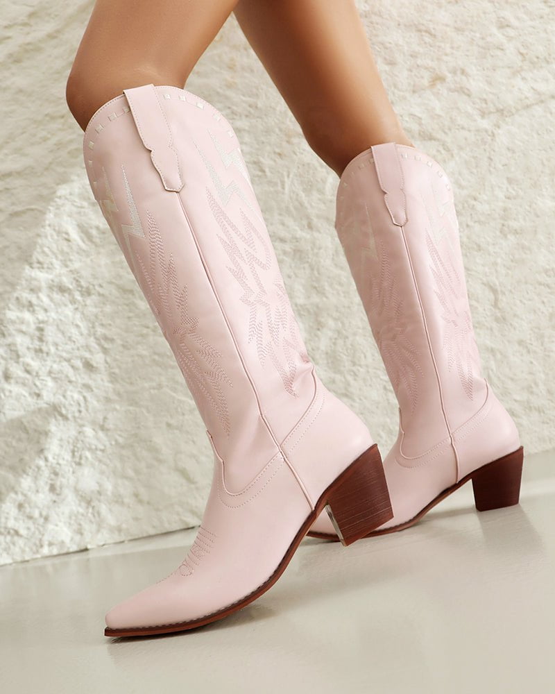 Lightning Embroidered Knee High Block Heel Boots