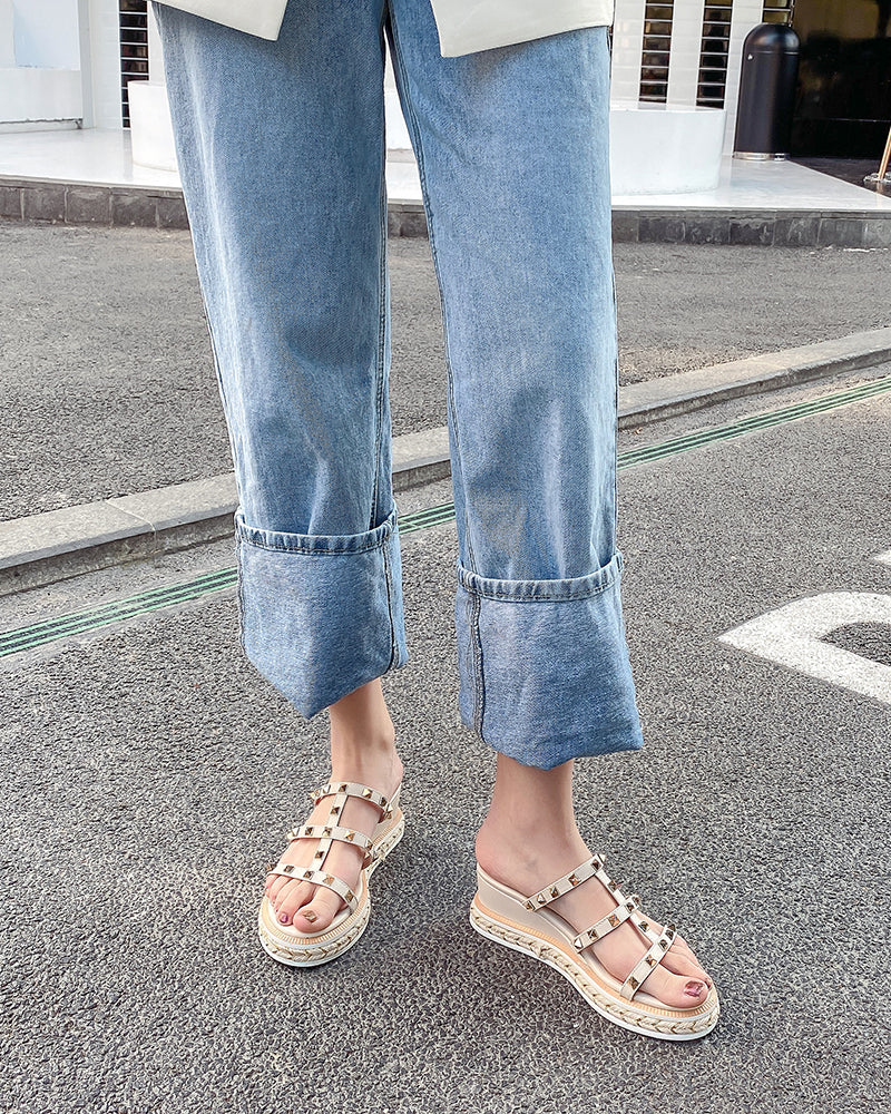 (Clean Up - US 10) Espadrille Wedges Slides Rivets Sandals