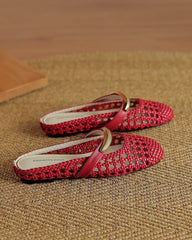 Woven Gold-Tone Strap Mary Jane Flats