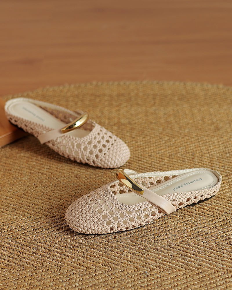 Woven Gold-Tone Strap Mary Jane Flats