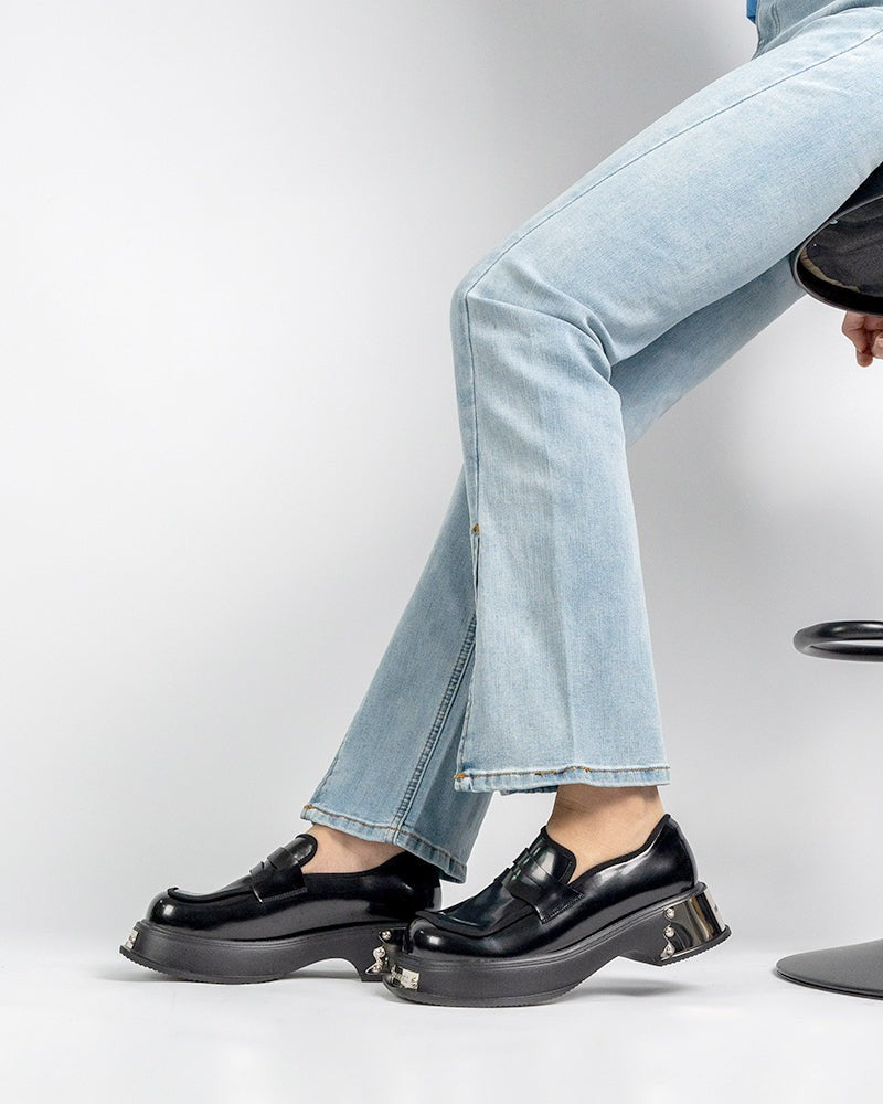 (Clean Up - US 5) Metal Platform Chunky Loafers with Detachable Decoration