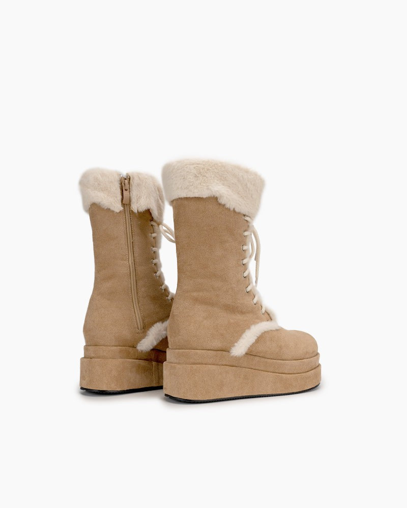 (Clean Up - US 5 ) Fur Lined Mid Calf Platform Chunky Snow Boots