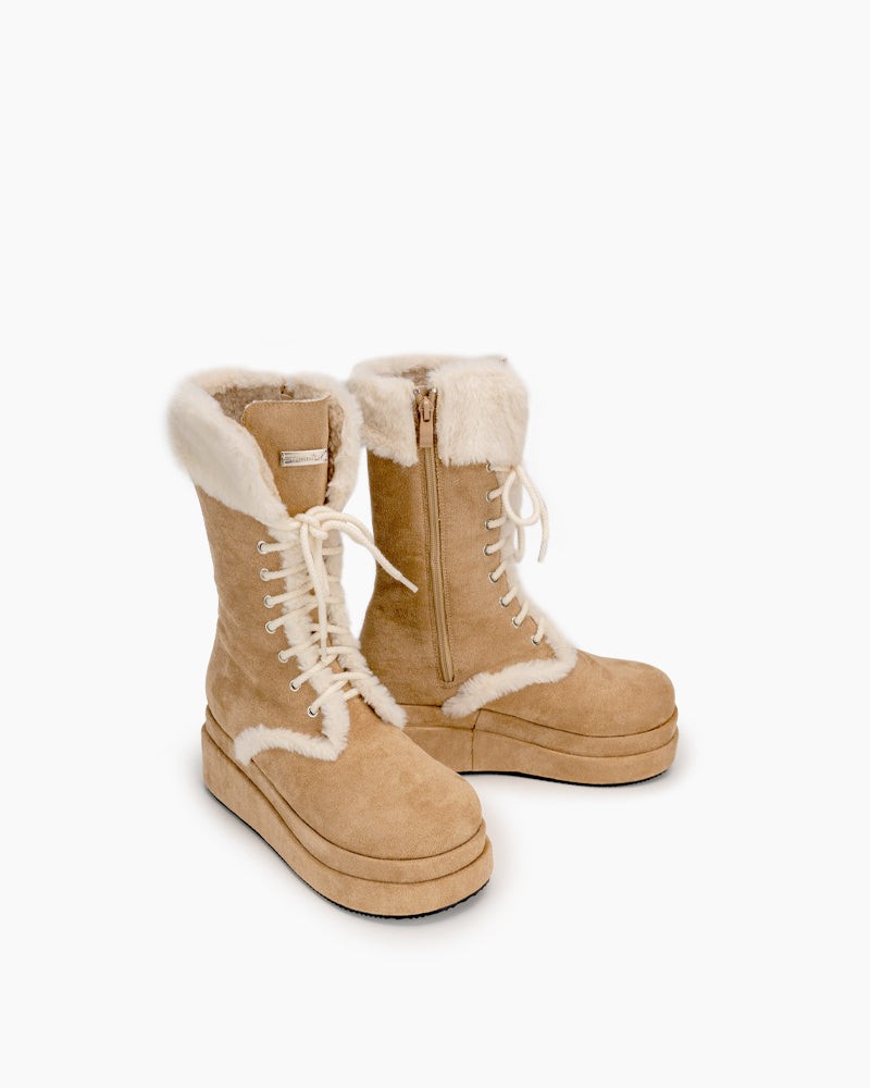 (Clean Up - US 5 ) Fur Lined Mid Calf Platform Chunky Snow Boots