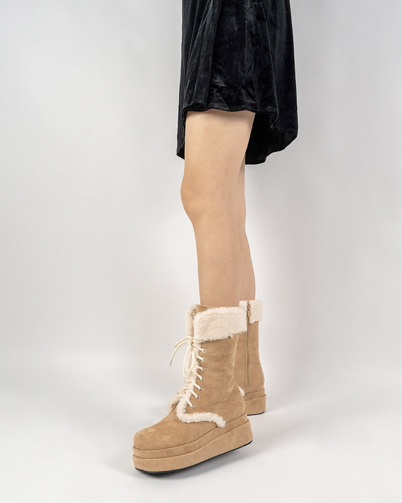(Clean Up - US 5 ) Fur Lined Mid Calf Platform Chunky Snow Boots