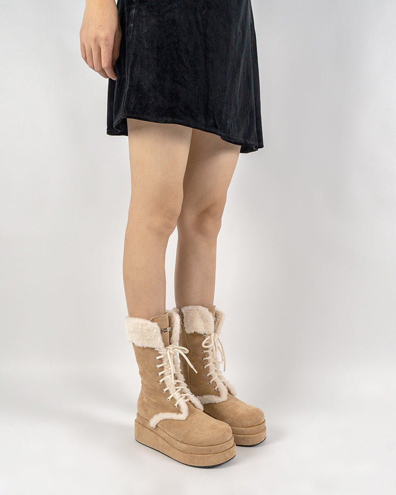 (Clean Up - US 5 ) Fur Lined Mid Calf Platform Chunky Snow Boots