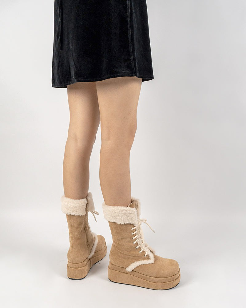 (Clean Up - US 5 ) Fur Lined Mid Calf Platform Chunky Snow Boots