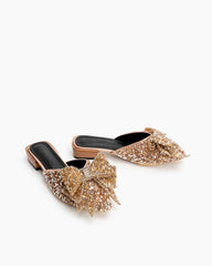 (Clean Up - US 10 ) Rhinestones Bow Tie Slip on Backless Mules