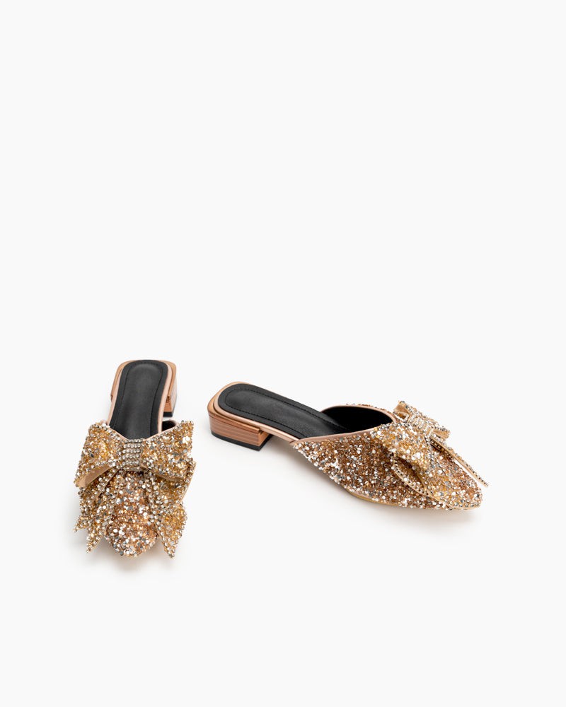(Clean Up - US 10 ) Rhinestones Bow Tie Slip on Backless Mules