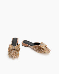 (Clean Up - US 10 ) Rhinestones Bow Tie Slip on Backless Mules