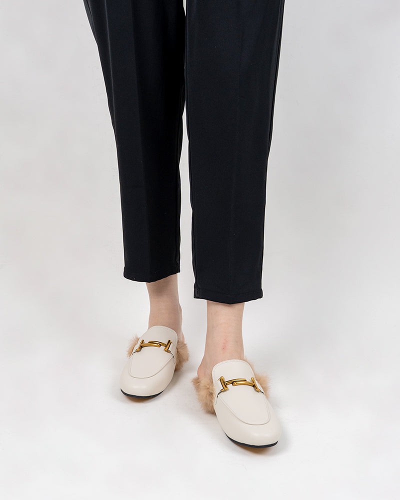 (Clean Up - US 11 ) Chain Closed Toe Fur Backless Slip on Slides Mules