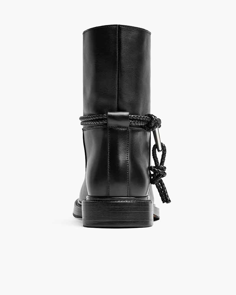 Smooth Leather Booties Metal Triangle Knot Detail Strap