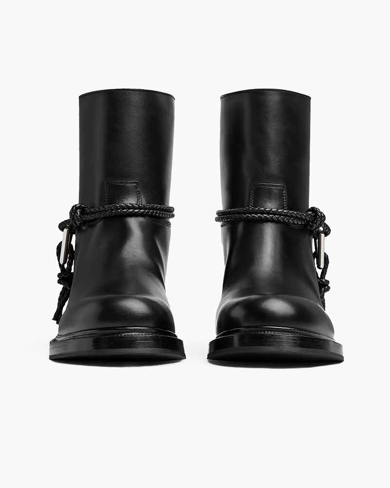 Smooth Leather Booties Metal Triangle Knot Detail Strap