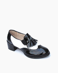 (Clean Up - US 9) Black and White Classic Fringed Chunky Heel Oxford Shoes
