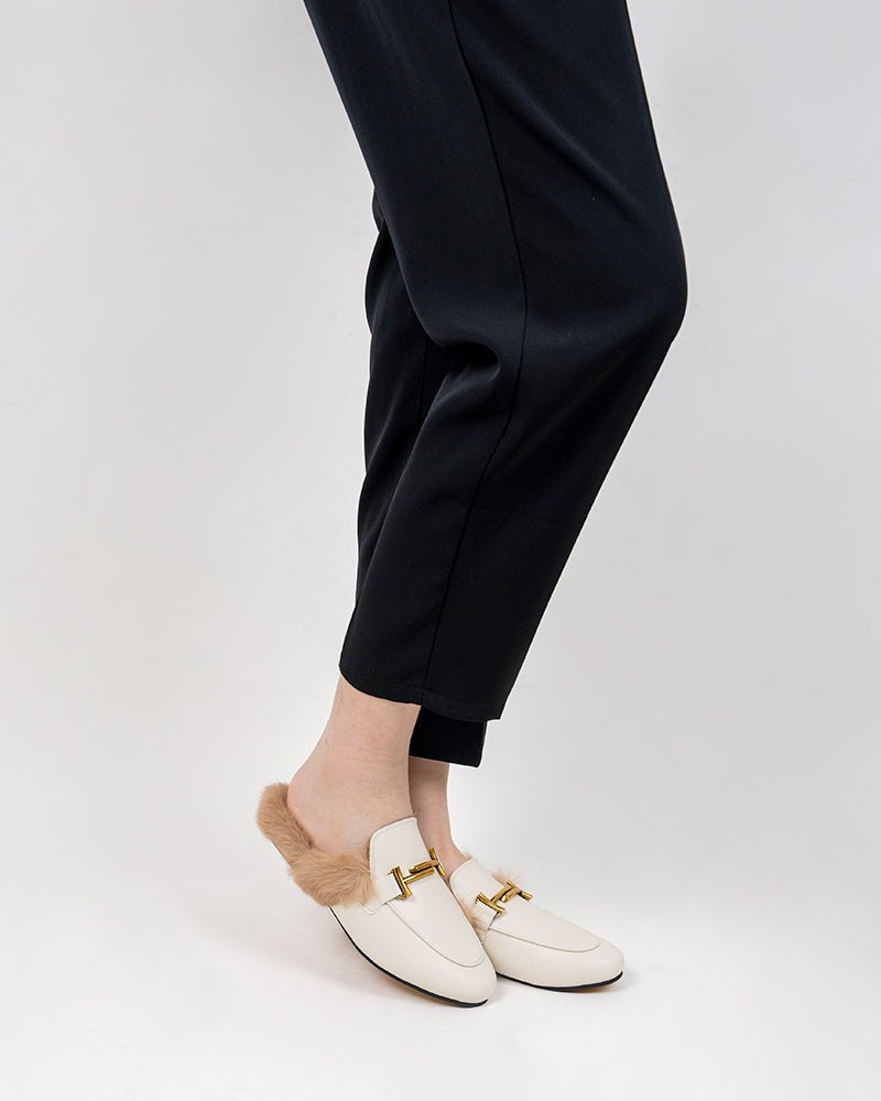 (Clean Up - US 11 ) Chain Closed Toe Fur Backless Slip on Slides Mules