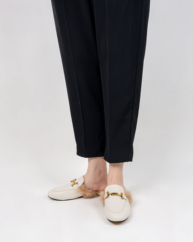 (Clean Up - US 11 ) Chain Closed Toe Fur Backless Slip on Slides Mules