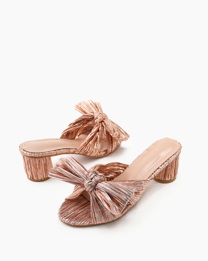 (Clean Up - Delivery in 3-5 days) Pleated Bow Open Toe Chunky Block Heel Sandals